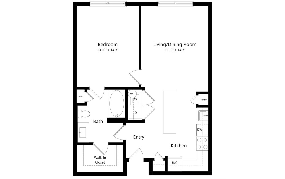 A1A - 1 bedroom floorplan layout with 1 bathroom and 709 square feet (2D)