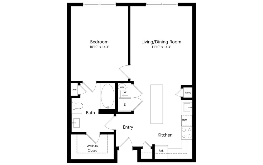 A1B - 1 bedroom floorplan layout with 1 bathroom and 732 square feet (2D)