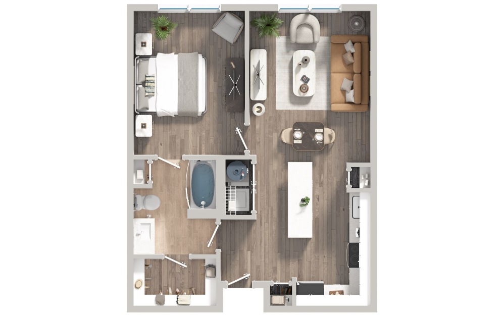 A1A - 1 bedroom floorplan layout with 1 bathroom and 709 square feet (3D)