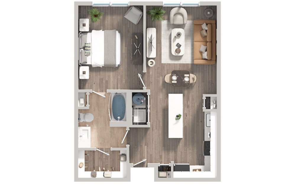 A1B - 1 bedroom floorplan layout with 1 bathroom and 732 square feet (3D)