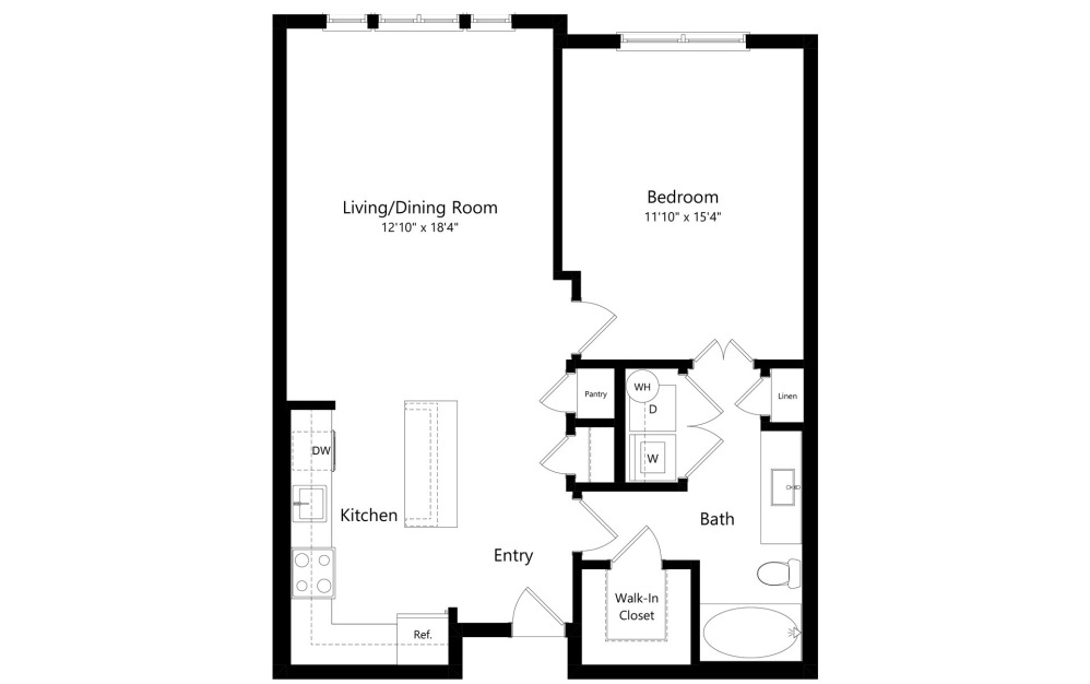 A1D - 1 bedroom floorplan layout with 1 bathroom and 808 square feet (2D)