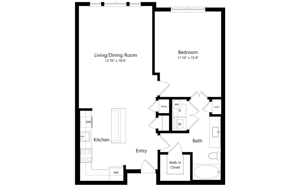 A1D - Renovated - 1 bedroom floorplan layout with 1 bathroom and 808 square feet (2D)