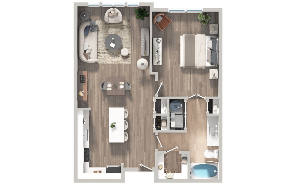 A1D - 1 bedroom floorplan layout with 1 bathroom and 808 square feet (3D)