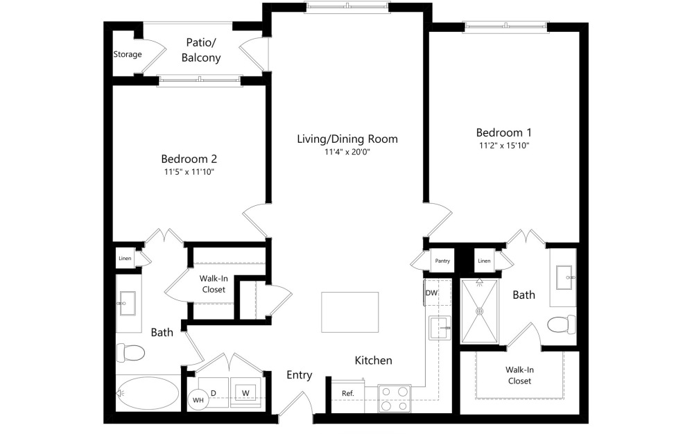 B2A - 2 bedroom floorplan layout with 2 bathrooms and 1022 square feet (2D)