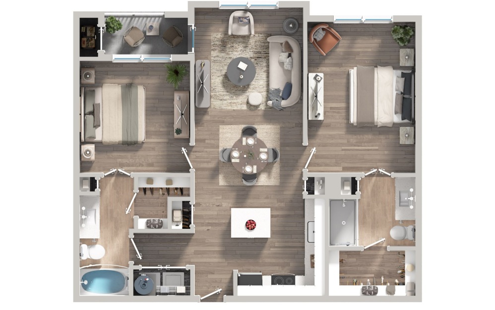 B2A - 2 bedroom floorplan layout with 2 bathrooms and 1022 square feet (3D)