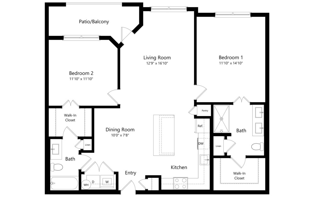 B2C - 2 bedroom floorplan layout with 2 bathrooms and 1135 square feet (2D)