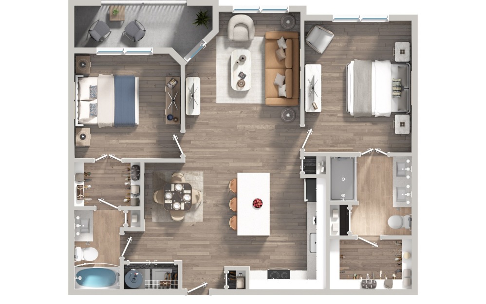 B2C - 2 bedroom floorplan layout with 2 bathrooms and 1135 square feet (3D)